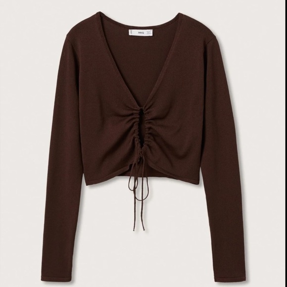 Mango Tops - NWT Mango MNG Women’s Knit Top Large Chocolate Brown Tie Front Cardigan Cropped
